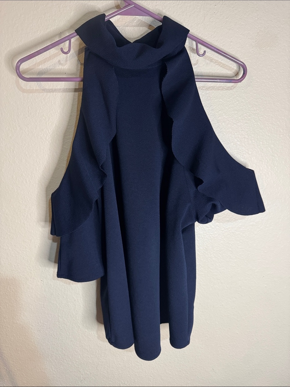Navy Cold-Shoulder Ruffle Blouse